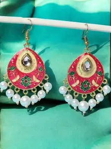 OOMPH Kundan Studded Meenakari Teardrop Shaped Drop Earrings
