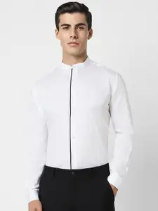 V Dot Men Band Collar Solid Cotton Slim Fit Formal Shirt
