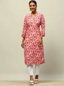 Rangriti Floral Printed Mandarin Collar Three Quarter Sleeves Straight Kurta