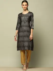 Rangriti Geometric Woven Design Keyhole Neck Three Quarter Sleeves Straight Kurta