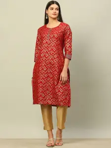 Rangriti Geometric Woven Design Round Neck Three Quarter Sleeves Straight Kurta