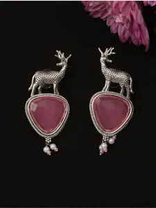 ABDESIGNS Silver Plated Stone Studded & Beaded Classic Drop Earrings