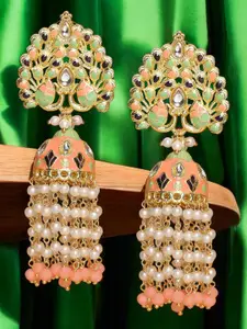 OOMPH Kundan Studded Peacock Shaped Meenakari Jhumkas