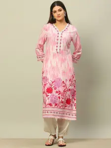 Rangriti Abstract Printed Thread Work V-Neck Straight Kurta
