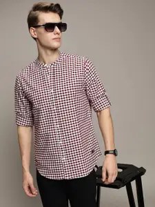 The Roadster Lifestyle Co. Men Premium Band Collar Gingham Checked Cotton Casual Shirt