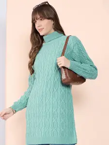 CLAPTON Women Cable Knit Woollen Long Sleeves Longline Pullover