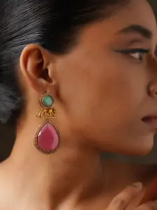 ABDESIGNS Gold-Plated Stone Studded Teardrop Shaped Drop Earrings