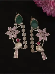 ABDESIGNS Silver-Plated Stone Studded & Beaded Classic Drop Earrings