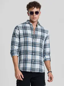 Snitch Men Smart Spread Collar Tartan Checked Linen Casual Shirt