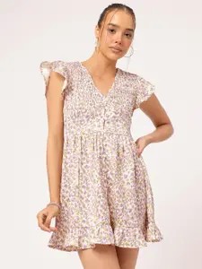 DressBerry Smocked Flutter Sleeves Printed Mini A-Line Dress