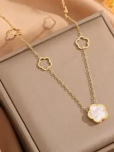 MYKI Stainless Steel Gold-Plated Floral Pendant Necklace with Pearl Accent
