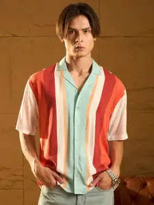 DENNISON Men Relaxed Cuban Collar Vertical Striped Oversized Casual Shirt