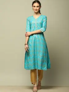 Rangriti Geometric Printed V-Neck Three-Quarter Sleeves Straight Kurta