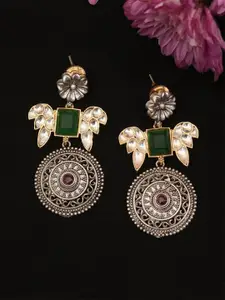 ABDESIGNS Silver-Plated Classic Oxidised Stone Studded Drop Earrings