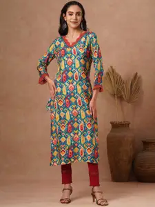 FASHOR Ethnic Motifs Printed V-Neck Mirror Work Straight Kurta