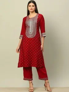 Rangriti Floral Woven Design Round Neck Three Quarter Sleeves Straight Kurta