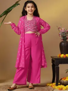 FASHION DREAM Girls Embroidered Top With Palazzo & Shrug