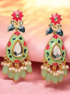 OOMPH Kundan Studded Teardrop Shaped Meenakari Drop Earrings