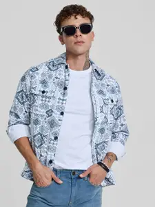 Snitch Men Spread Collar Geometric Printed Cotton Casual Tailored Jacket