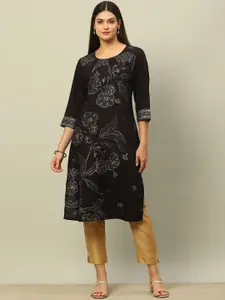 Rangriti Floral Printed Round Neck Three-Quarter Sleeves Regular Straight Kurta