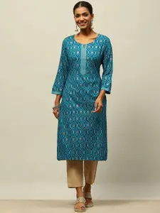 Rangriti Geometric Woven Design Round Neck Three Quarter Sleeves Straight Kurta