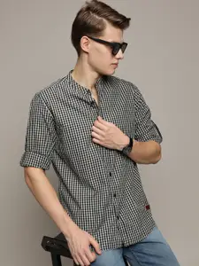 The Roadster Lifestyle Co. Men Premium Band Collar Gingham Checked Cotton Casual Shirt