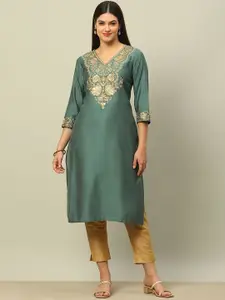 Rangriti Floral Embroidered V-Neck Three-Quarter Sleeves Straight Kurta