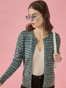 CLAPTON Women Woollen Abstract Self Design Cardigan Sweater