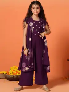 FASHION DREAM Floral Embroidered Square Neck Top With Palazzo With Shrug