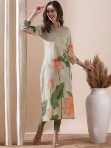 FASHOR Floral Printed Sequinned Pure Cotton Straight Kurta