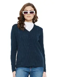 CLAPTON Women Cable Knit Woollen V- Neck Cardigan Sweater