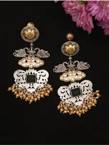 ABDESIGNS Silver-Plated Classic Oxidised Stone Studded & Beaded Drop Earrings