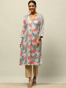 Rangriti Floral Printed V-Neck Three-Quarter Sleeves Straight Kurta