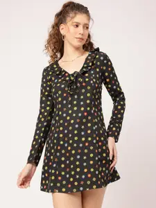 DressBerry Floral Print Tie-Up Neck Ruffled Mini A-Line Dress