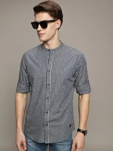 The Roadster Lifestyle Co. Men Premium Band Collar Gingham Checked Cotton Casual Shirt