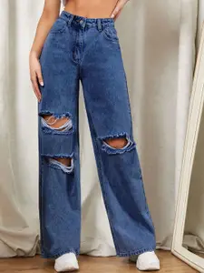 AAHWAN Women Relaxed Fit High-Rise Slash Knee Light Fade Wide Leg Stretchable Jeans