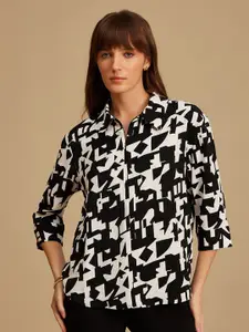 Kazo Women Classic Spread Collar Abstract Printed Relaxed Fit Casual Shirt
