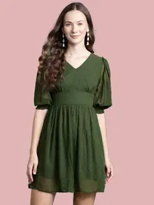 Deewa Women Puff Sleeve Georgette Fit & Flare Dress
