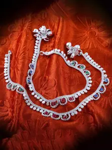 Heer Collection Set Of 2 Silver-Plated Stone Studded & Beaded Anklets