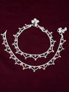 MEMOIR Silver-Plated CZ Studded Gujarati Toran Design Jhalar Pattern Anklet