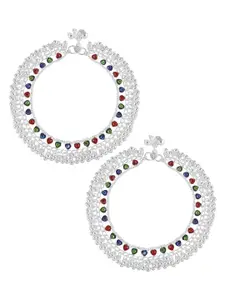 MEMOIR Silver-Plated Stone Studded Payal Pajeb Anklets