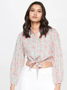 Global Desi Printed Puff Sleeve Shirt Style Crop Top