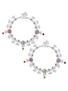 MEMOIR Silver-Plated Cubic Zirconia Stone Studded Payal Pajeb Anklet