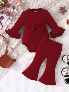 INCLUD Girls Self Design Round Neck Long Sleeves Top With Trouser