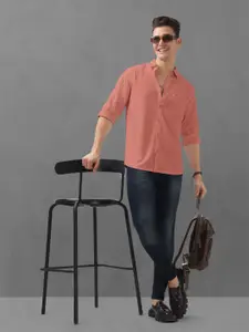 BULLMER Men Spread Collar Textured Cotton Casual Shirt