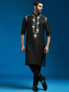 VASTRAMAY Floral Yoke Design & Embroidered Thread Work  Straight Kurta with Pyjamas
