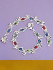 MEMOIR Silver-Plated Stone Studded Broad Designer Pattern Anklet