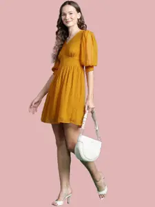 Deewa Women Self Design Puff Sleeve Georgette A-Line Dress