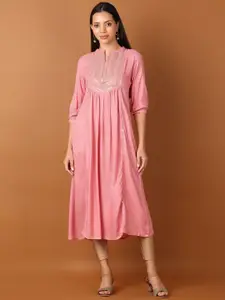 V-Mart Floral Woven Design Sequinned Pleated Dobby Weave Pure Cotton A-Line Kurta