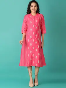 V-Mart Ethnic Motifs Printed Band Collar Cotton A-Line Kurta